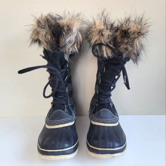 Sorel Womens Joan of Arctic Waterproof Snow Lace Up Duck Boots Black Tan 7 - Picture 1 of 7